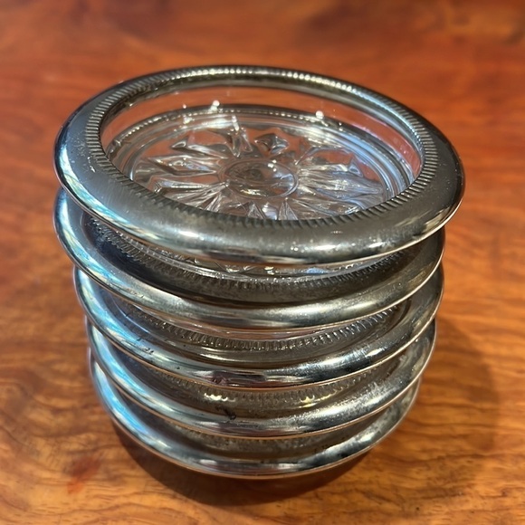 Set of 5 Silver Plated Crystal Glass Coasters - Picture 4 of 4